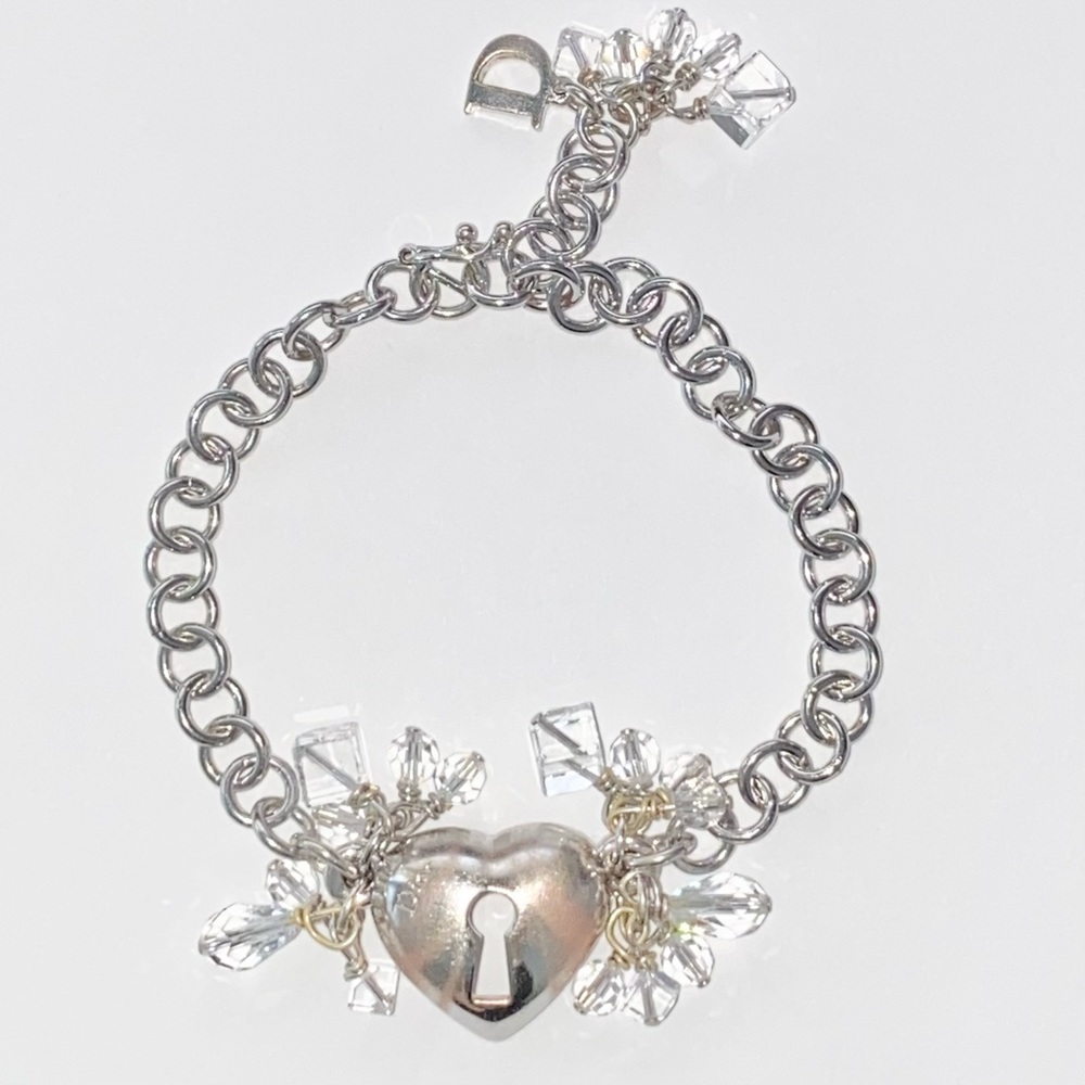 AUTH VTG Christian Dior Silver Chain Link Crystal Bead Heart Lock Charm Bracelet - Picture 2 of 13